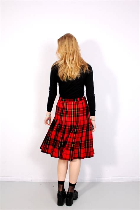 Red Tartan Skirt Pleated Plaid Kilt Vintage Scottish Style Etsy Red