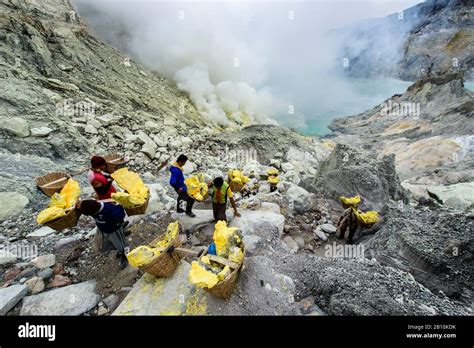 Sulfur Mining On The Crater Lake Of The Ijen Volcano Java Indonesia