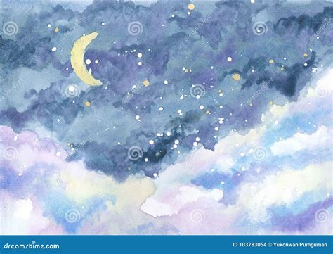 Watercolor Painting Of Night Sky With Crescent Moon Among Stars Stock