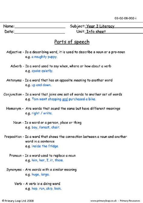Literacy Parts Of Speech Worksheet Uk