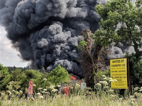 Live Huge Fire With Black Smoke Towering Over Coventry And