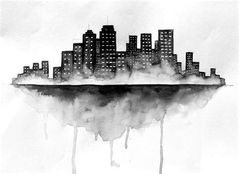 Watercolor Painting Black Reflection City Painting Skyline Painting
