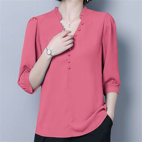Rarove Plus Size Solid Color Chiffon Shirt Women Beaded Simple Style
