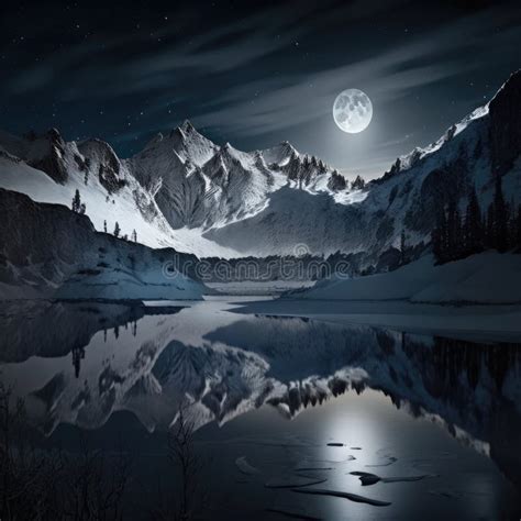 Full Moon A Winter View Of Snow Capped Mountains White Rocks And