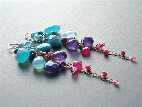 Colorful Gemstone Dangle Earrings Aqua Purple Cluster Dangle Etsy