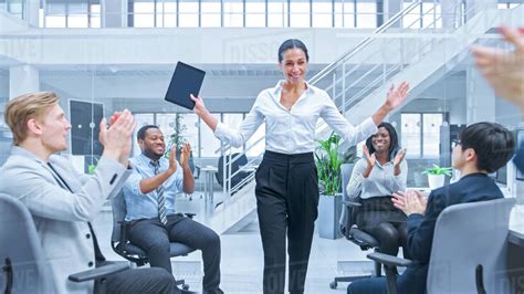 Beautiful Happy Business Woman Manager Is Being Cheered And Celebrated