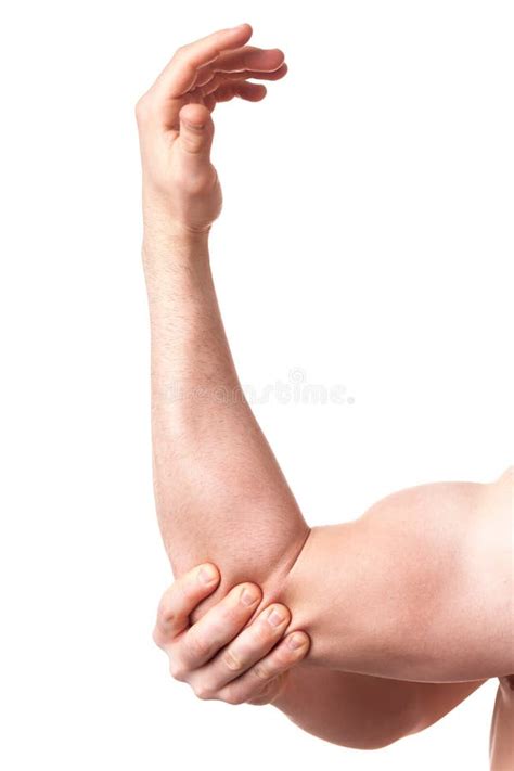 Swollen Elbow By Inflamed Joint In Front Of White Background Stock