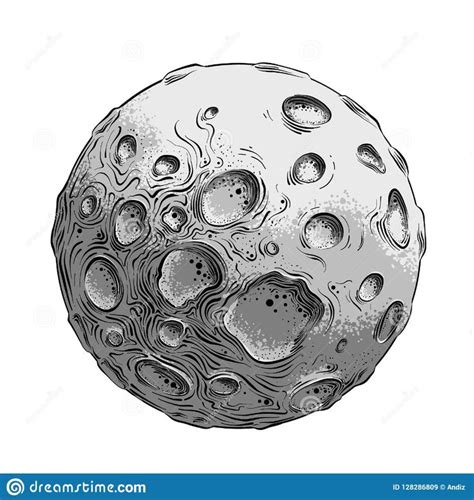 Hand Drawn Sketch Of Moon Planet In Black And White Color Isolated On