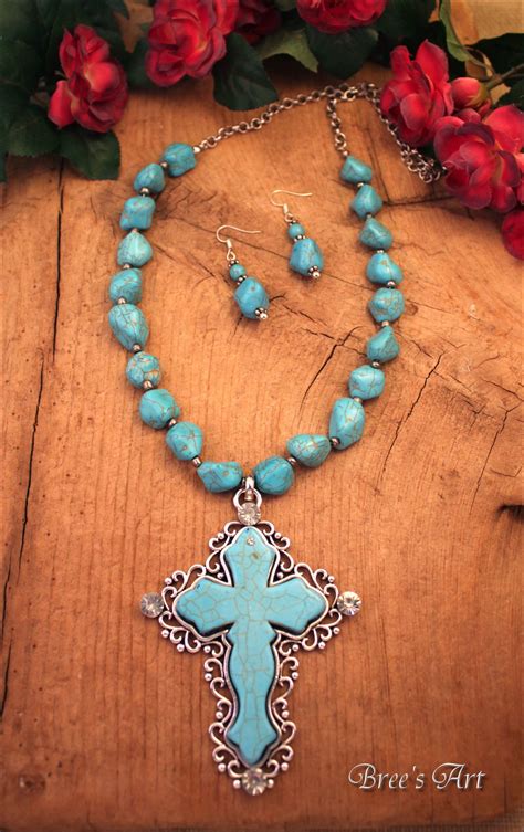 Western Engraved Cross Pendant Turquoise Beads Necklace Set Etsy