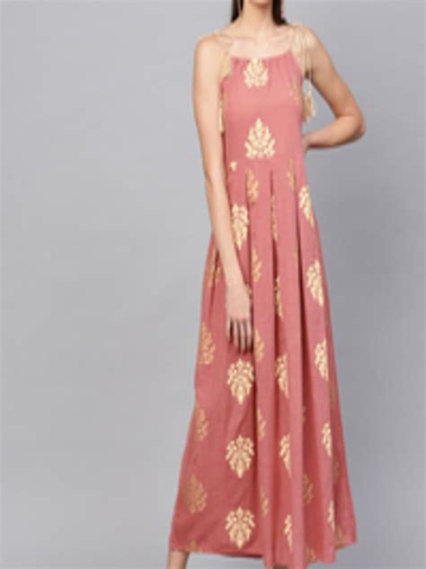 Buy Aks Women Pink And Golden Printed Maxi Dress Dresses For Women