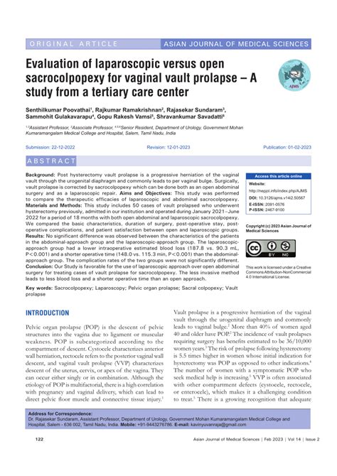 Pdf Evaluation Of Laparoscopic Versus Open Sacrocolpopexy For Vaginal
