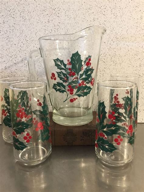 vintage xmas glass pitcher set 4 tumblers crisa mid century glassware holiday christmas mid