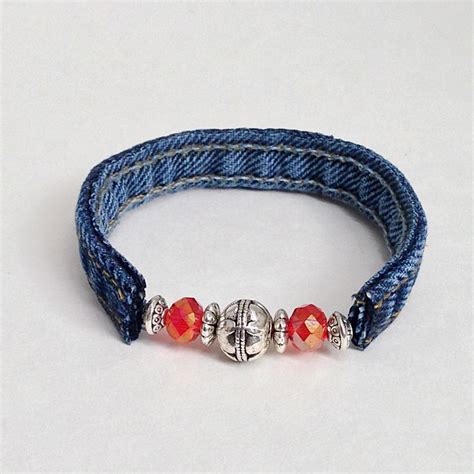 Red Beaded Denim Wrap Jeans Bracelet Recycled Upcycled