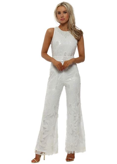 Pearl Embellished White Jumpsuit White Jumpsuit Designer Jumpsuits