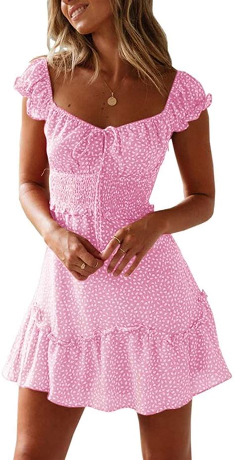 yobecho womens summer ruffle sleeve sweetheart neckline printing dress mini dress pink s