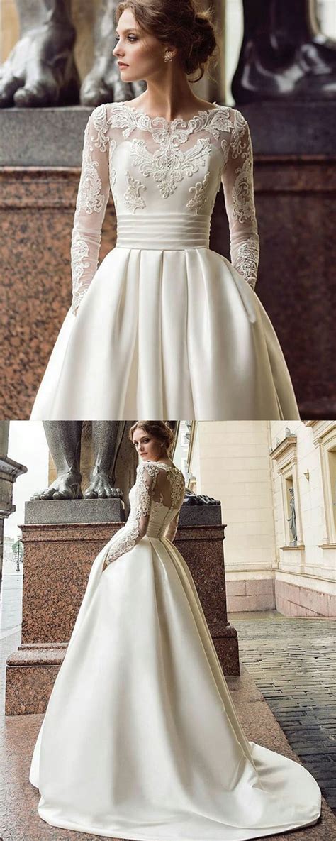 Jewel Lace Applique Bodice Ivory Satin Pleated Long Sleeve Fall Wedding