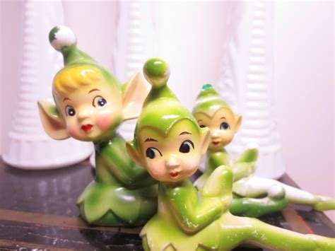 Vintage Set Of 3 Green Elf Ceramic Elfs Garden Elf Ceramic