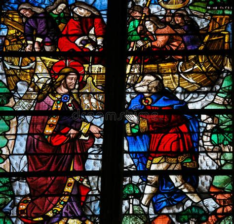 Saint Peter Is Called By Jesus Stained Glass In Rouen Cathedral Stock