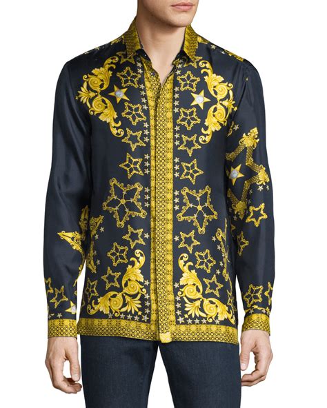 Lyst Versace Baroque And Star Printed Long Sleeve Silk Shirt In Blue