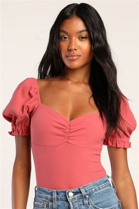 Cute Pink Bodysuit Ribbed Knit Bodysuit Puff Sleeve Bodysuit Lulus