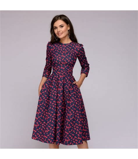 Women Dress 2019 Fall Printing With Pockets Casual Midi