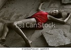 Dead woman in red dress. Woman playing dead, lying on the stairs ...