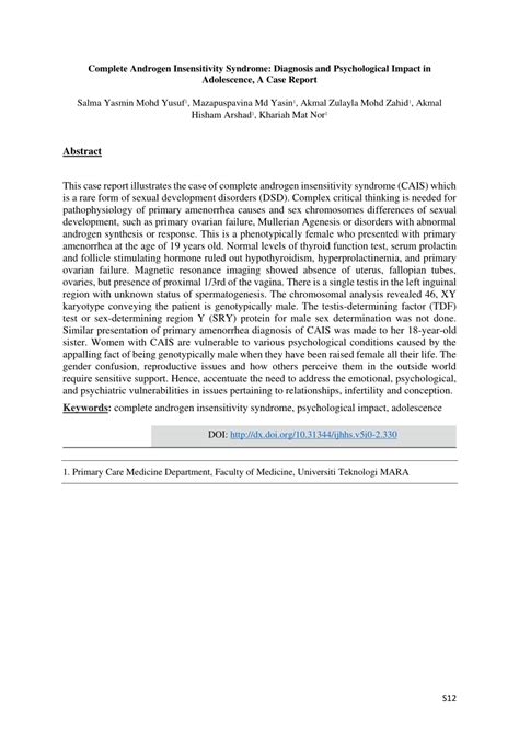 Pdf Complete Androgen Insensitivity Syndrome Diagnosis And Psychological Impact In
