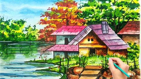 How To Draw Riverside Landscape Watercolor Scenery Drawing Easily Step