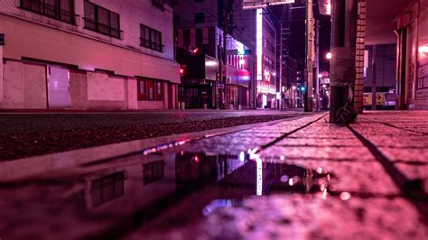 Wallpaper Street Puddle Neon Light Night Hd Picture Image