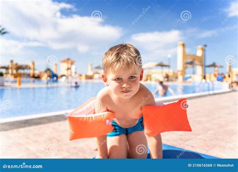 Kid With Inflatable Armbands Near Swimming Pool Stock Photo Image Of