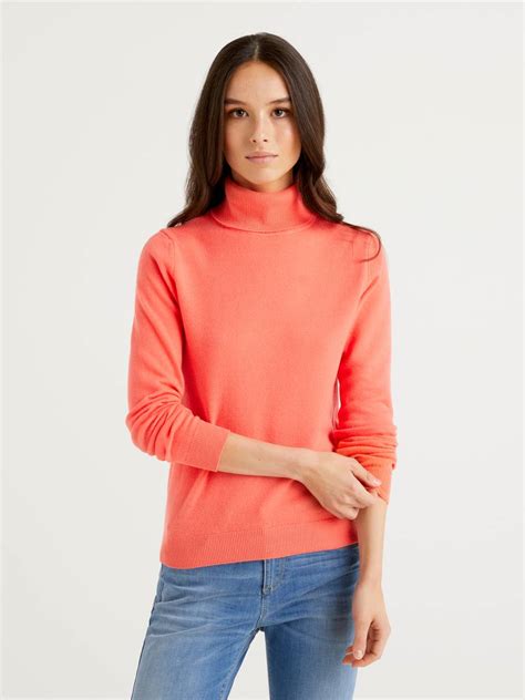 Benetton Peach Pink Turtleneck Sweater In Pure Merino Wool 1002d23480r4