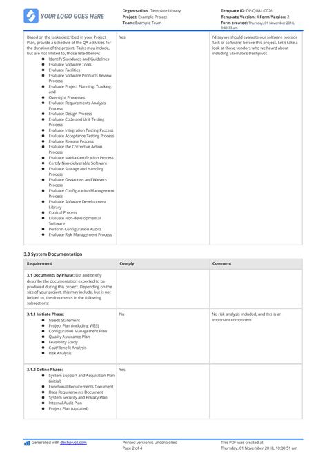 Quality Assurance Plan Checklist Free And Editable Template