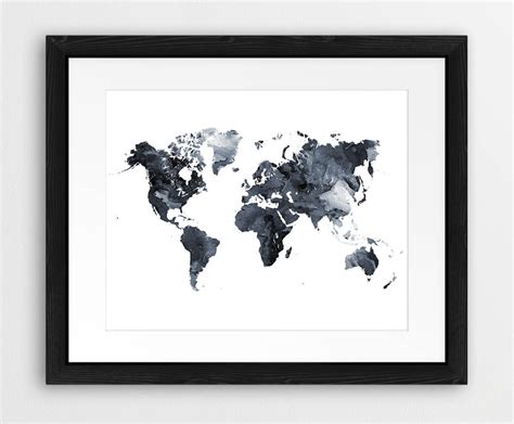 World Map Watercolor Print World Map Poster Watercolor Grey Etsy