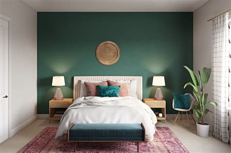 This Glam Bedroom Features An Accent Green Wall Adorned With A Brass