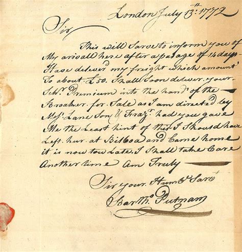 Letter To Joseph Cabot From Bartholomew Putnam In London July 13 1772