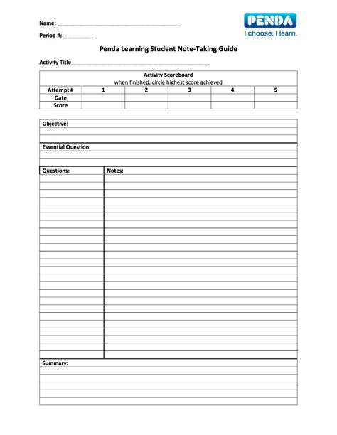 Student Note Taking Guide Templates Penda Learning