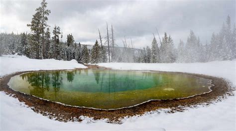 Morning Glory Pool Hot Spring In The Snow With Reflections Yellowstone National Park Unesco
