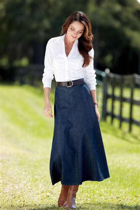 Gathered Blouse And Long Denim Skirt Ch082 Womens Fashion Modest