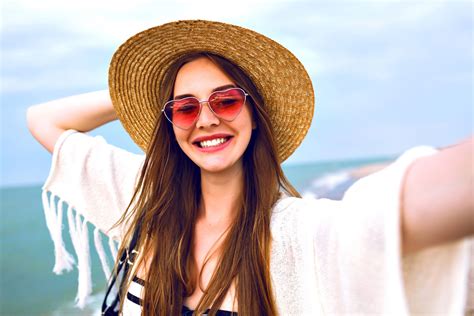 Young Happy Blonde Girl Making Selfie Wearing Straw Hat Heart Cute