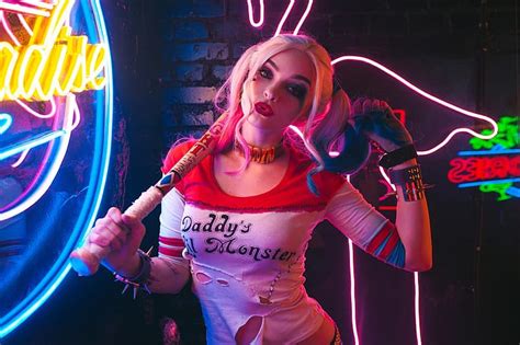 hd wallpaper girl pose neon cosplay baseball bat harley quinn sergey rodichkin