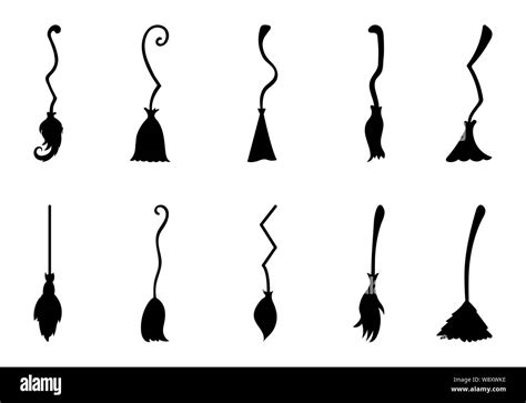 Set Of Different Witch Brooms Isolated On White Background Halloween