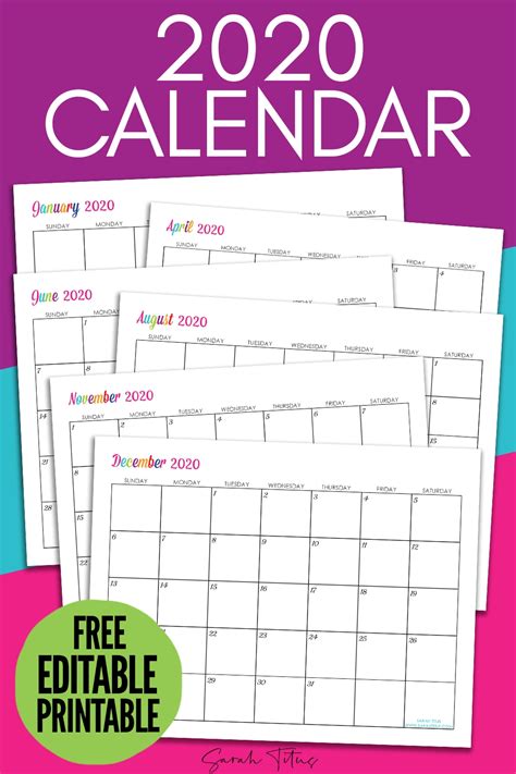 Girly Monthly Calendar Printable 2020 Template Calendar Design