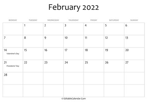Editable Calendar February 2022