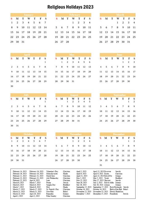 Usa Religious Holidays 2023 With Yearly Printable Calendar