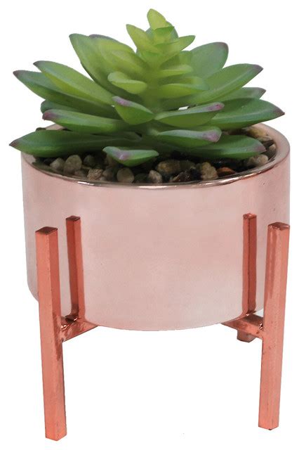 Faux Succulent Rose Gold Ceramic Pot With Rose Gold Stand