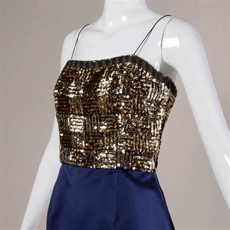 bill blass vintage metallic gold and blue sequin beaded cocktail dress for sale at 1stdibs