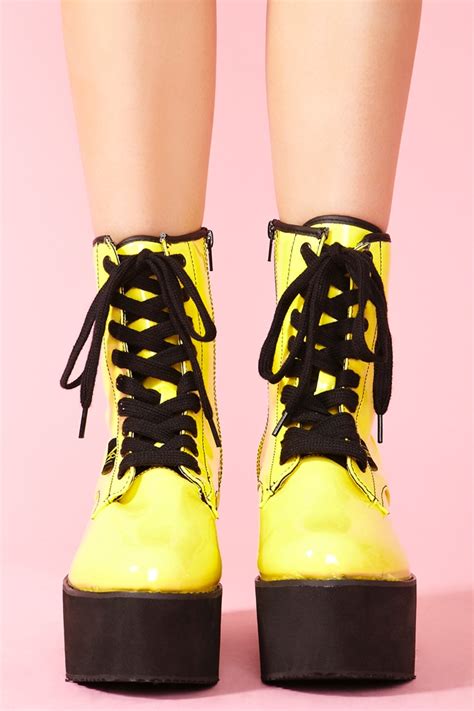 Nasty Gal Neon Patent Combat Boot In Yellow Lyst