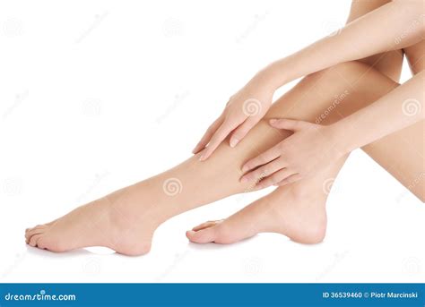 Beautiful Woman Is Touching Her Perfect Shaved Legs Stock Photo