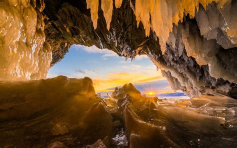 Nature Ice Winter Cave Sunset Sun Rays Cold Frost Sunlight X Wallpaper