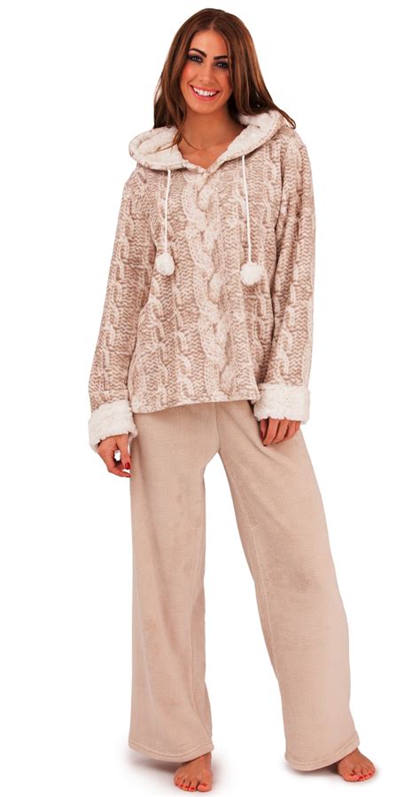 Womens Fleece Lounge Pants + Hooded Jumper Set Warm Pyjamas Nightwear